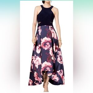 X by Xscape Womens Floral Hi-Low Evening Dress Navy 10